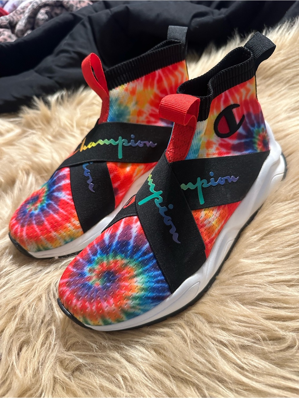 Champion Kids Tie-Dye Slip-On Sneakers in Rainbow and Black